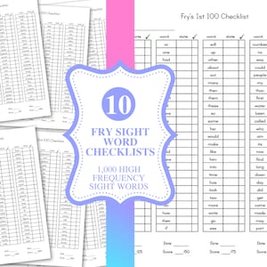 10 Fry Sight Word Checklists / 1,000 High Frequency Sight Words / Homeschool, Pre K, Kindergarten, Elementary School