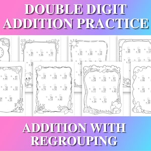 Math Practice Workbook | Double Digit Addition Practice with Regrouping for Grades 2-3 | Animal-theme Math Printable