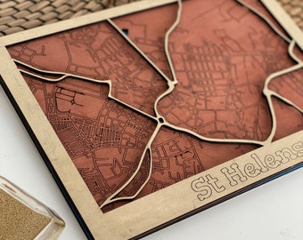 Carte en bois des rues de St Helens, cadeau d'anniversaire de mariage, maquettes avant de décider, souvenir de voyage, plan des rues de la ville, cadeau de pendaison de crémaillère