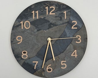 Grey and black stone veneer clock, Modern style wall clock , Slate veneer wall decorations , 16 inch clock, Big size on request.