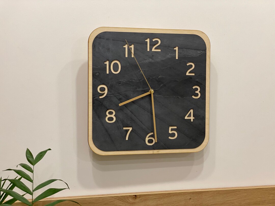 Black Minimalist Stone Wall Clock With Seconds Hand, Kitchen Clock