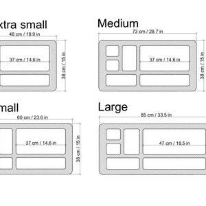 May include: Diagram showing four different sizes of organizers with measurements in inches and centimeters. The organizers are rectangular with multiple compartments. The sizes are Extra Small, Small, Medium, and Large.