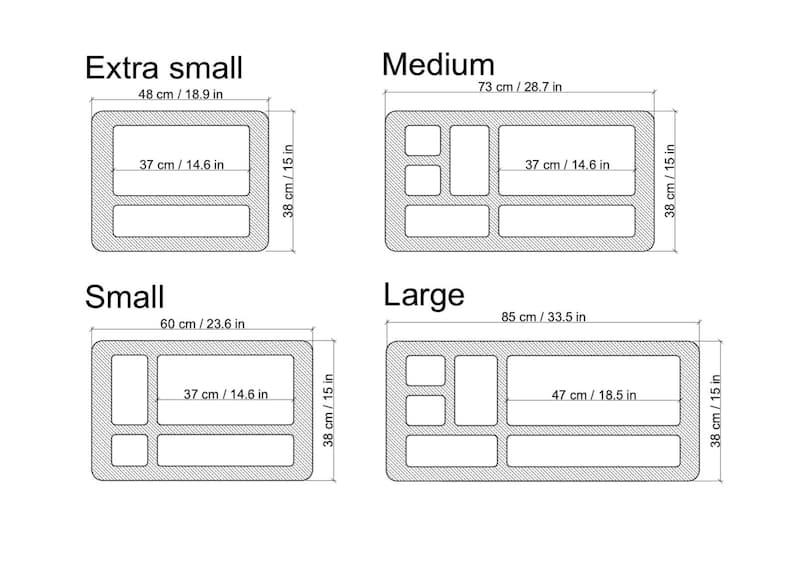 May include: Diagram showing four different sizes of organizers with measurements in inches and centimeters. The organizers are rectangular with multiple compartments. The sizes are Extra Small, Small, Medium, and Large.