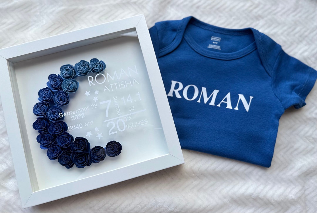 Moon Shaped Baby Stats, Flower Shadow Box, Baby Nursery Frame, Moon