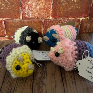 May include: Four crocheted plushies in the shape of a triceratops, each with a different color scheme representing the colors of the LGBTQ+ pride flag. The plushies are sitting on a wooden surface.
