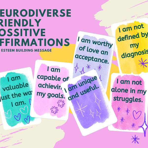 32 Printable Positive Affirmations cards, Neurodiverse Friendly, Autism Awareness, Self Esteem and Mindfulness building Illustrated PNG