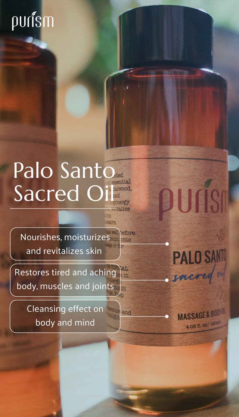 Puede incluir: Una botella de vidrio marr&oacute;n con una etiqueta que dice "Palo Santo Sacred Oil" y "purism". La botella est&aacute; llena de un l&iacute;quido marr&oacute;n claro. La etiqueta tambi&eacute;n dice "Nourishes, moisturizes and revitalizes skin", "Restores tired and aching body, muscles and joints", y "Cleansing effect on body and mind". La botella est&aacute; etiquetada como aceite de masaje y cuerpo y es de 120 ml.