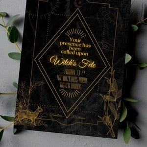 Halloween Party Event Invitation Custom All Saints Day Hallows Eve Witches Cat Creepy Dark Black Gold October Printable Download poster line