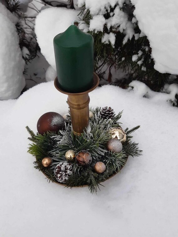 Vintage Kerzenhalter mit Weihnachtsdekor, Weihnachtskerzenhalter, rustikale Dekoration für die Hütte