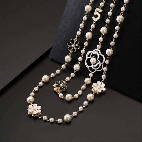 Elegant Long Pearl Camellia Necklace Double Layer Collane Etsy UK