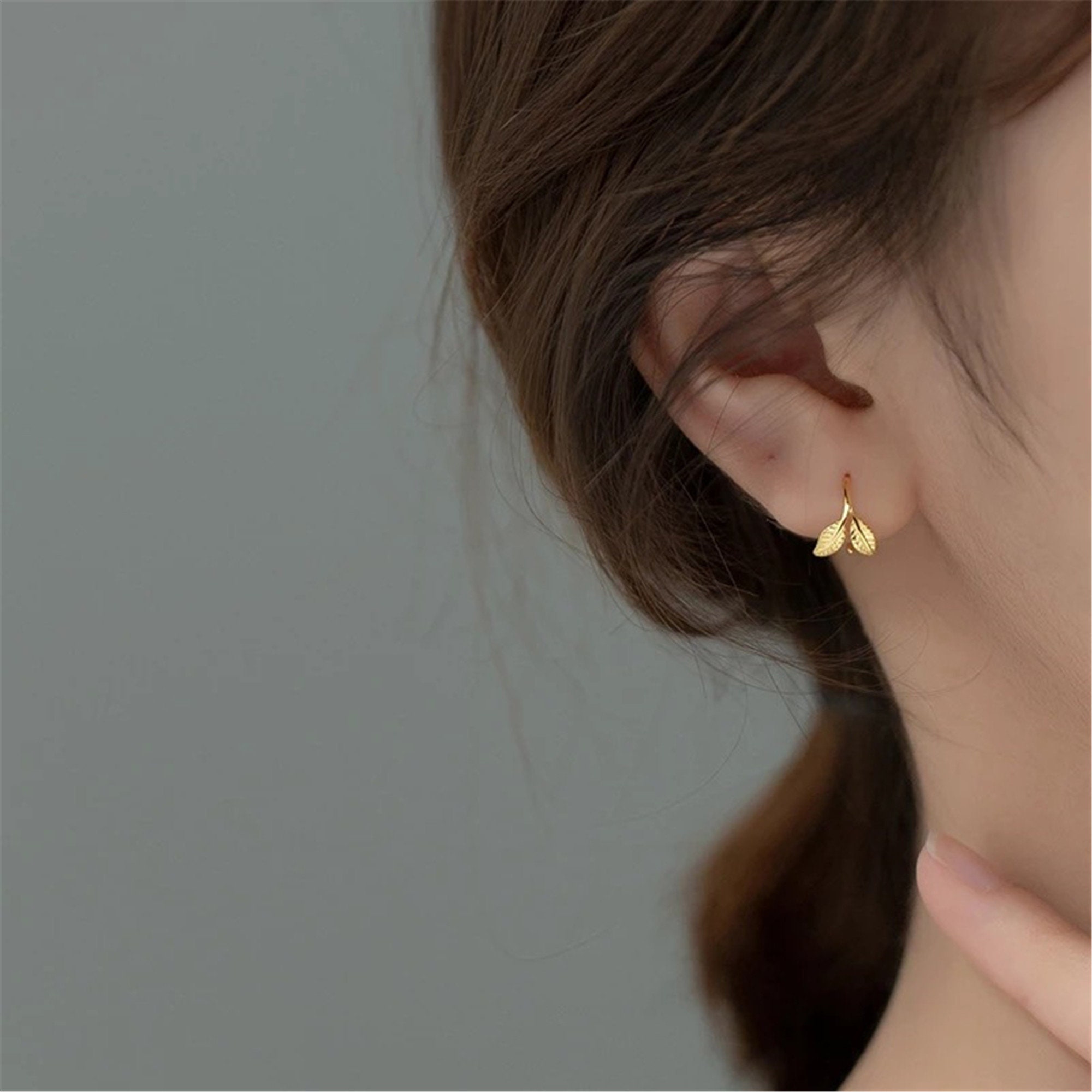 18K Gold Leaf Hoop Earringsleaf Huggie Earringssterling - Etsy UK