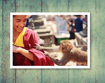 Monk and Monkey, Swayambhunath, Temple of the Monkeys, Nepal - Photography, Color, Fine Art Print (310 g/m2)