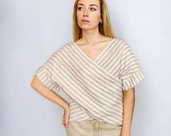 Women's Striped Short Sleeve Blouse, Linen V Neck Crossover Top, Kimono Style Summer T-shirt, Loose Tulip Hem Shirt, Beige or Grey Stripes