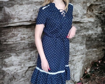 Linen polka dot dress, Navy blue polka dot dress, Frill hem dress, Midi casual summer dress, Linen dresses for women, Linen sundress