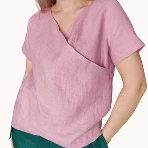 Pink Linen Blouse: Short Sleeve Wrap Top, Sustainable Fashion