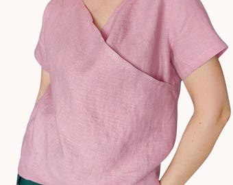 Pink Linen Blouse: Short Sleeve Wrap Top, Sustainable Fashion