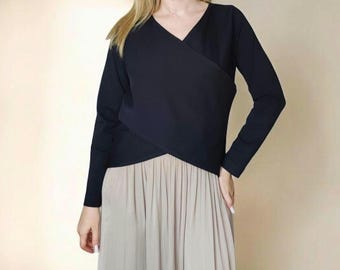 Cotton Jersey Cross Front Top: Tulip Hem Long Sleeve Blouse