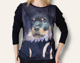 Rottweiler sweatshirt, art dog cotton blouse, lightweight full print long sleeve blouse, graphic royal dog tshirt, Rottie dog mom gifts