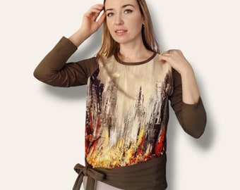 Sweat-shirt avant cravate imprimé art, sweat-shirt skyline coloré, chemisier à manches longues en coton léger, tenue multicolore, taille M, PRÊT À EXPÉDIER