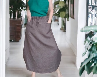 Falda de lino con bolsillos, falda globo de mujer, falda maxi boho, falda de cintura elástica, falda de lino marrón