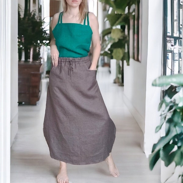 Linen Skirt With Pockets, Women's Balloon Skirt, Boho Maxi Skirt, Elastic Waist Skirt,   Brown Linen Skirt