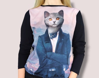 Royal Cat Sweatshirt, British Shorthair Cat Artistic Blouse, All Over Print Cotton Tshirt With Long Sleeves, Gift For Cat Owner Mom Sister