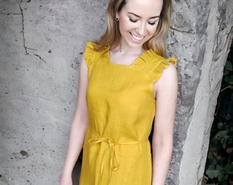 Linen Ruffle Strap Dress, Sleeveless A Line Midi Dress, Yellow Casual Summer Dress, Dress With Tie Waist Belt