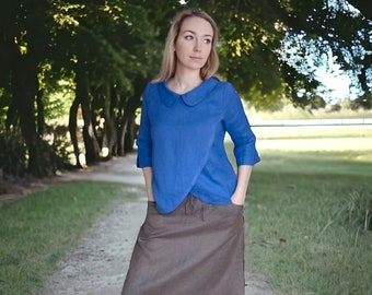 Elegant Linen Wrap Blouse, Split Front Top With Peter Pan Collar, Womens 3/4 Sleeve Blouse, Formal Linen Shirt