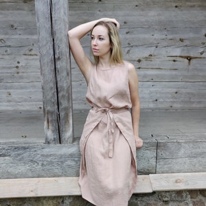 apron dress, linen pinafore dress, tank dress, tie waist dress