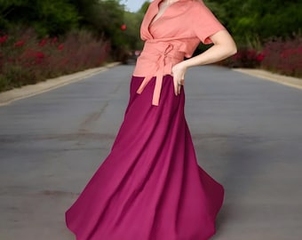 Leinen Maxi Tellerrock, Langer Eleganter Rock mit Elastischem Bund und Taschen, Handgemachter Fließender Rock, Boho Rock mit Hoher Taille