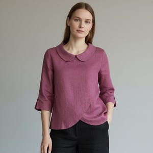 Elegant Linen Peter Pan Collar Blouse, Womens 3/4 Sleeve Shirt, Linen Summer Top