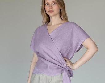 Handmade Linen Wrap Top: Short Sleeve V-Neck Blouse