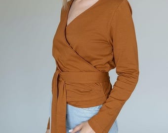Blusa cruzada de jersey de algodón, elegante blusa ligera cruzada, camiseta de manga larga con lazo en la cintura para mujer, camisa cruzada de primavera