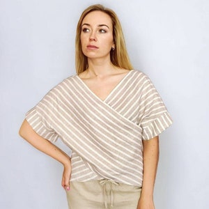 Linen Blouse, Linen Wrap Top, Plus Size Linen Top, Short Sleeve V Neck Blouse, Casual Shirt For Women image 7