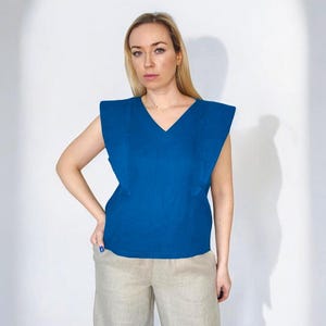 Modern Linen Top: Cap Sleeve V-Neck Blouse, Sustainable Fashion