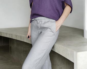 Lichtgrijze linnen broek: elastische taille, casual zomerbroek