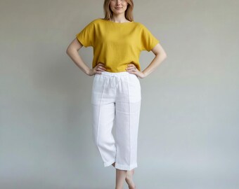 Linen Capri Pants Women, Linen Wide Leg Capri Pants, Elastic Waist Linen Pants, Summer Linen Cropped Trousers
