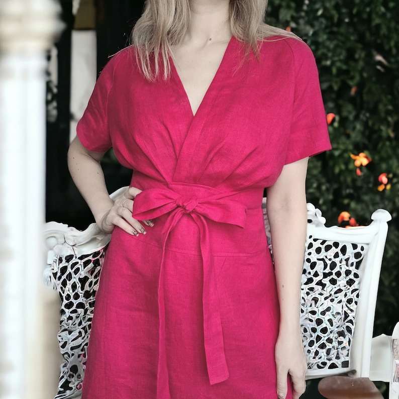 Elegant Linen Dress With Belt, Classic Linen Dress, Ruched Linen Dress, Pink Linen Dress, Linen Wedding Guest Dress, Linen Cocktail Dress zdjęcie 3