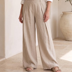 Pantaloni da donna in lino a gamba larga, pantaloni palazzo in lino, pantaloni in lino a gamba larga, pantaloni estivi a pieghe