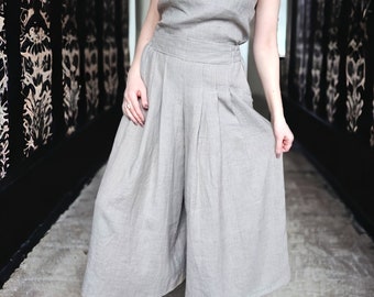 Linen skirt pants, pleated extra wide leg culottes, cropped palazzo pants with flat front elastic back, casual flowy gaucho pants for women