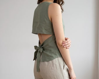 Open back linen top, tie back linen top, sleeveless linen top, backless summer blouse