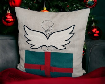 Cojín navideño de lino, funda de almohada navideña de lino, almohada de tiro de lino bordado, almohada de ángel, fundas de almohada navideñas, regalo de decoración de Navidad
