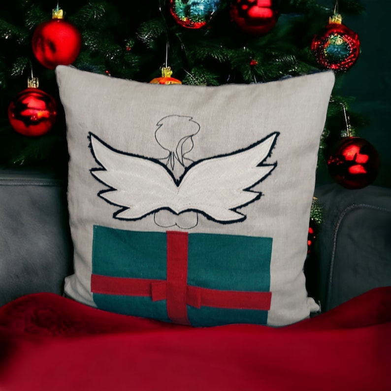 Coussin de Noël en lin, housse de coussin de Noël en lin, coussin brodé en lin, coussin ange, taies d'oreiller de vacances, cadeau déco de Noël image 1