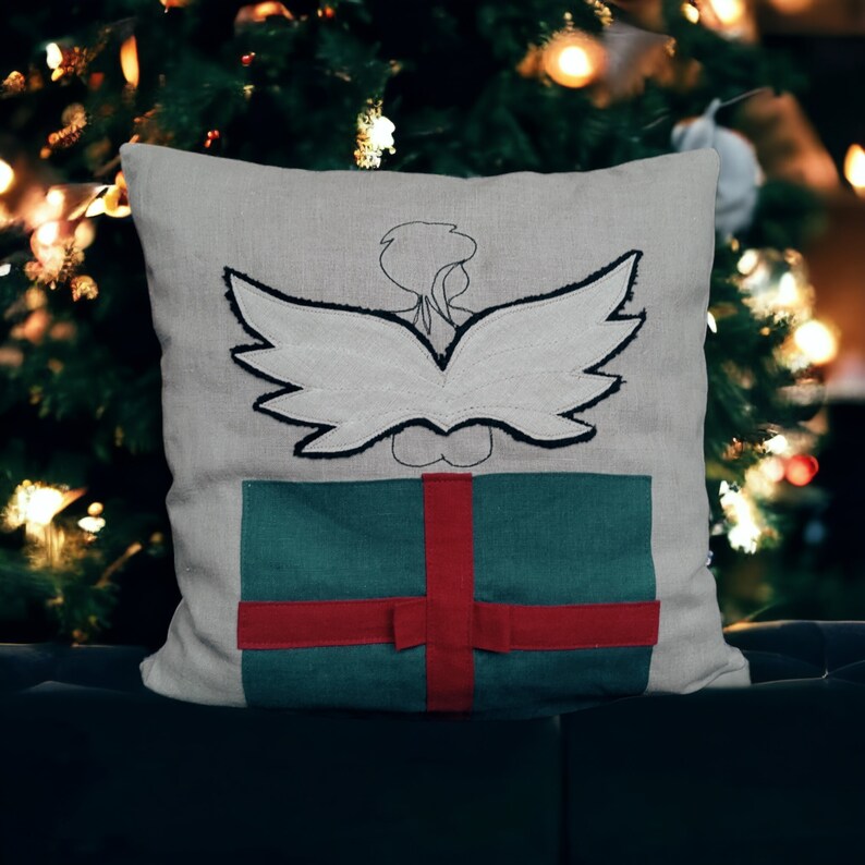 Coussin de Noël en lin, housse de coussin de Noël en lin, coussin brodé en lin, coussin ange, taies d'oreiller de vacances, cadeau déco de Noël image 6