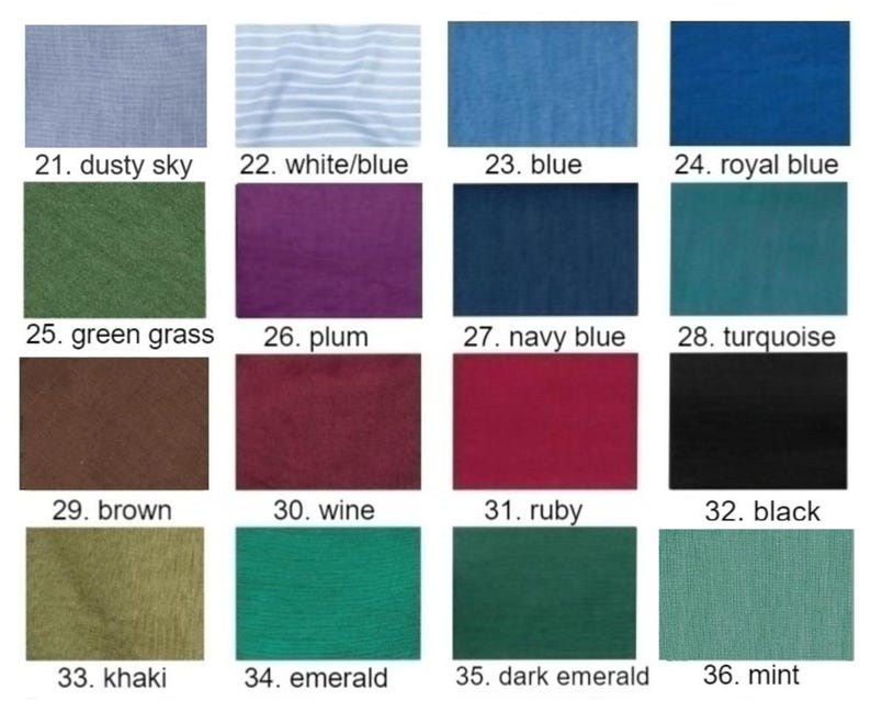 Pode incluir: Uma carta de cores que mostra 16 amostras de tecido diferentes. As amostras est&atilde;o dispostas em quatro filas de quatro. As cores incluem c&eacute;u poeirento, branco/azul, azul, azul real, grama verde, ameixa, azul marinho, turquesa, marrom, vinho, rubi, preto, c&aacute;qui, esmeralda, esmeralda escuro e menta.