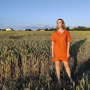 Orange Linen Dress, Linen Midi Wrap Dress, Loose Linen Dress With Asymmetrical Hem, Linen Short Sleeve Dress, Summer Linen Dress For Women 29. orange