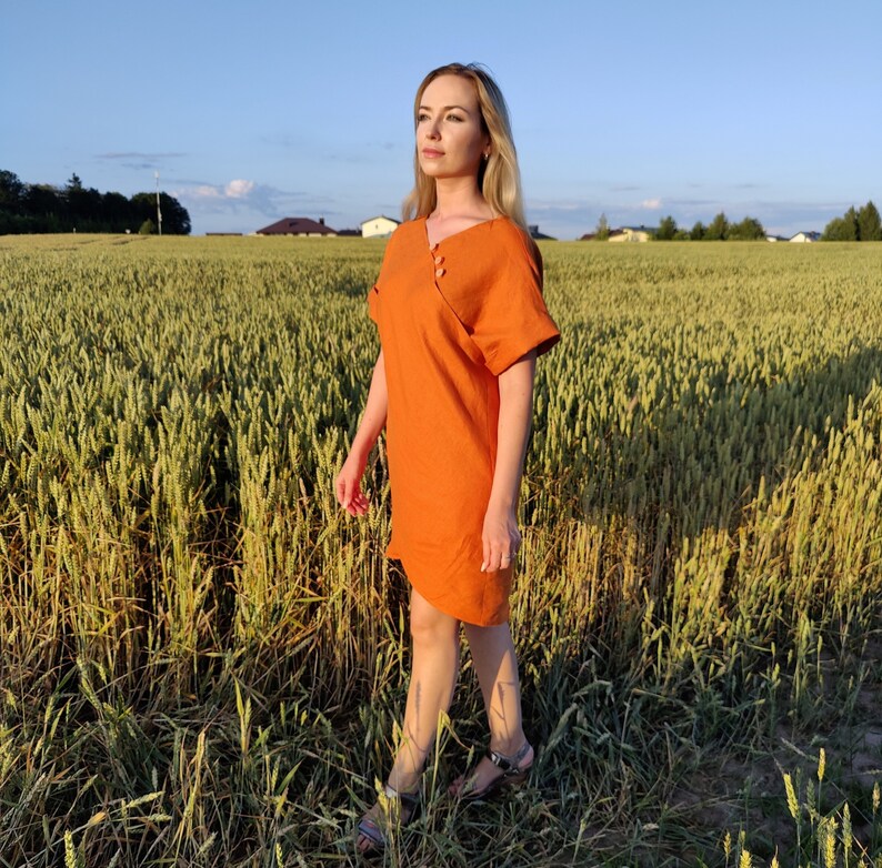 Orange Linen Dress, Linen Midi Wrap Dress, Loose Linen Dress With Asymmetrical Hem, Linen Short Sleeve Dress, Summer Linen Dress For Women image 4