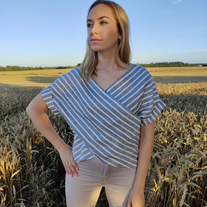 Elegant Linen Blouse, Kimono Sleeve Top, Women Linen Shirt, Cross Front Blouse, Summer Linen Top 18. white/grey