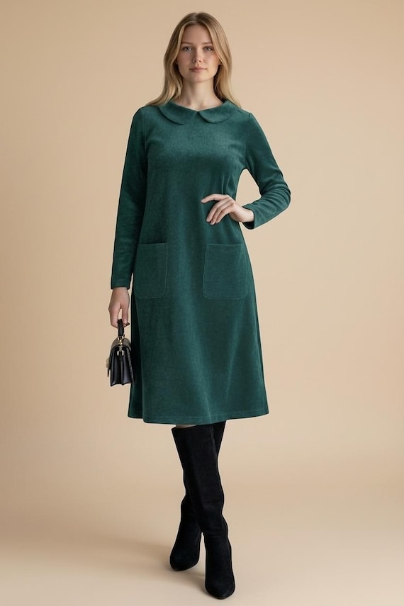 green emerald velvet dress Corduroy Midi Dress for Women Cute Crew Neck Sleeveless Button Down Dresses  Solid Casual Loose Dress with Pocket Army Green at Amazon Women's Clothing  store main image 1
