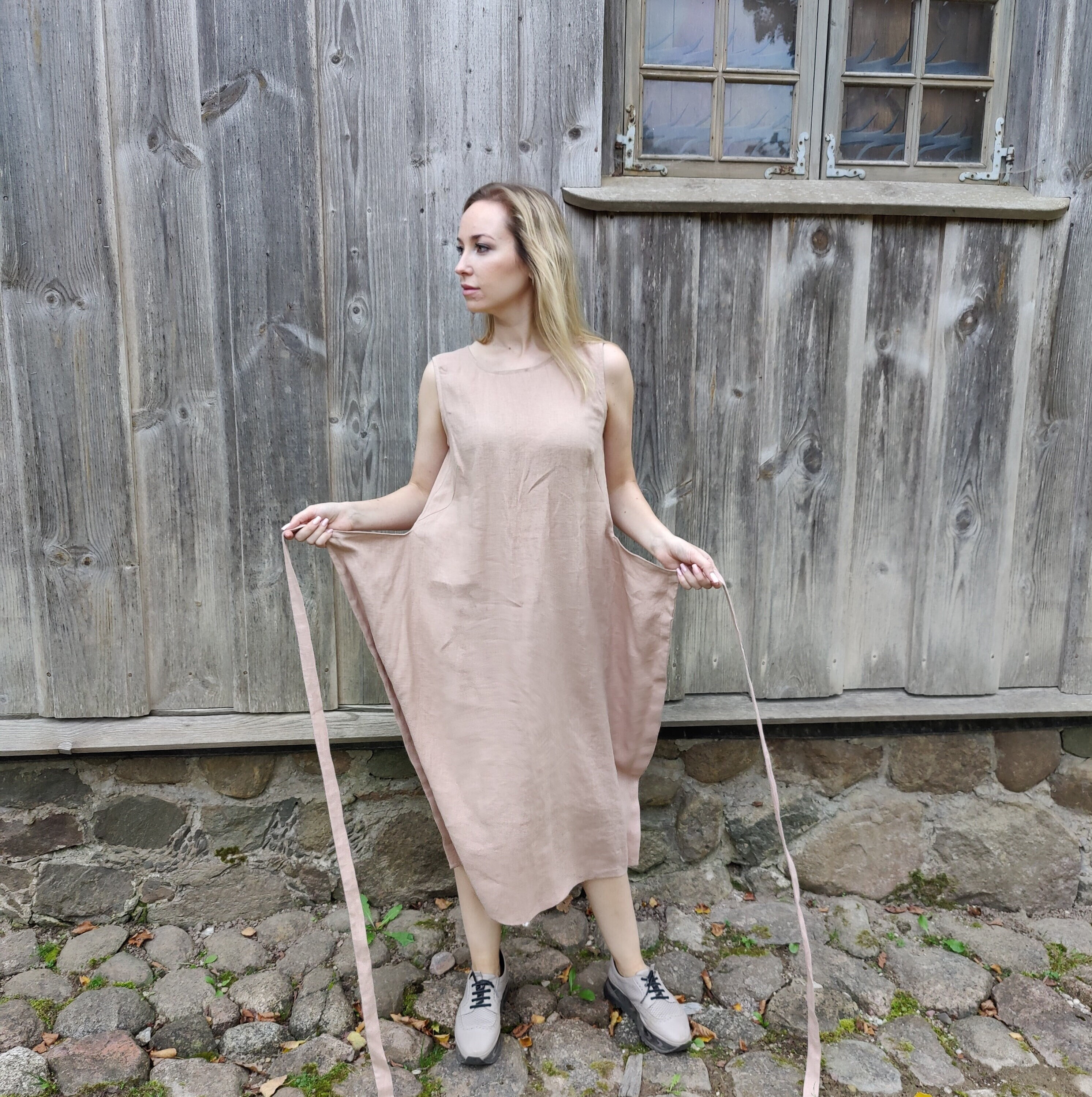 Linen Wrap Dress Sleeveless Midi Apron With Tie Waist